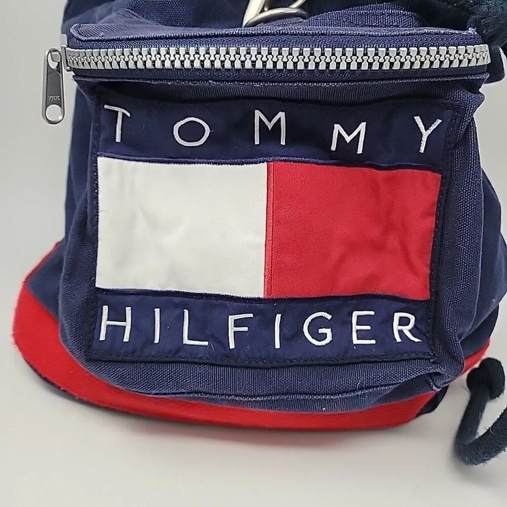 Vintage Tommy Hilfiger Canvas Backpack 1990s Nap Sack Tote Bag Big Flag Cotton - Picture 2 of 16